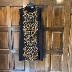 Robert Graham Doreen Black Gold Sheath Collar Neck Sleeveless Silk Dress Large